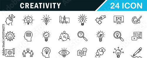 Creativity outline editable icon set . imagination, innovation, inspiration, originality and more .