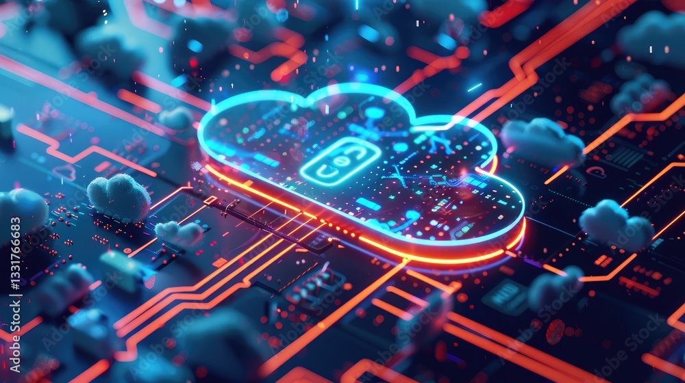 Fototapeta premium Abstract Cloud Computing Concept with Neon Colors and Circuitry Background