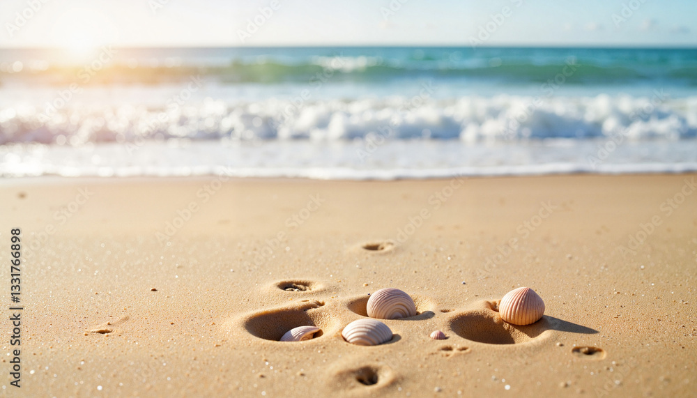 Seashells on sandy beach at sunrise, serene coastal beauty Seashells on sandy beach at sunrise, serene coastal beauty