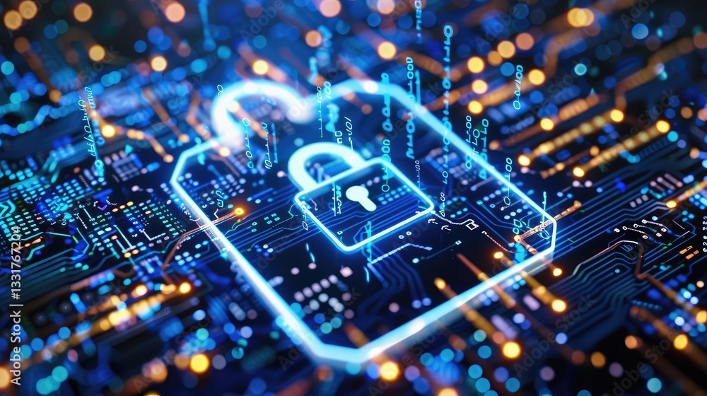 Cybersecurity Concepts Illustrated with a Neon Lock and Circuit Board Cybersecurity Concepts Illustrated with a Neon Lock and Circuit Board