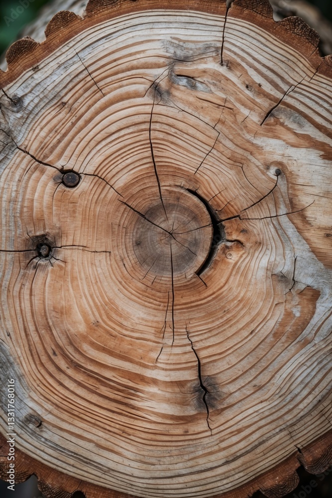 Fototapeta premium Detailed view of tree rings showing growth patterns and cracks on a cut log in a natural setting