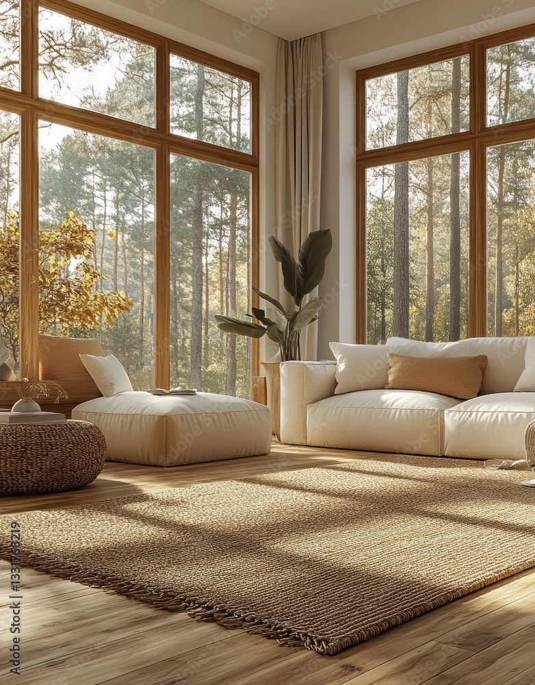 Fototapeta premium Minimalist Modern Living Room Interior with Contemporary Furniture and Neutral Area Rug