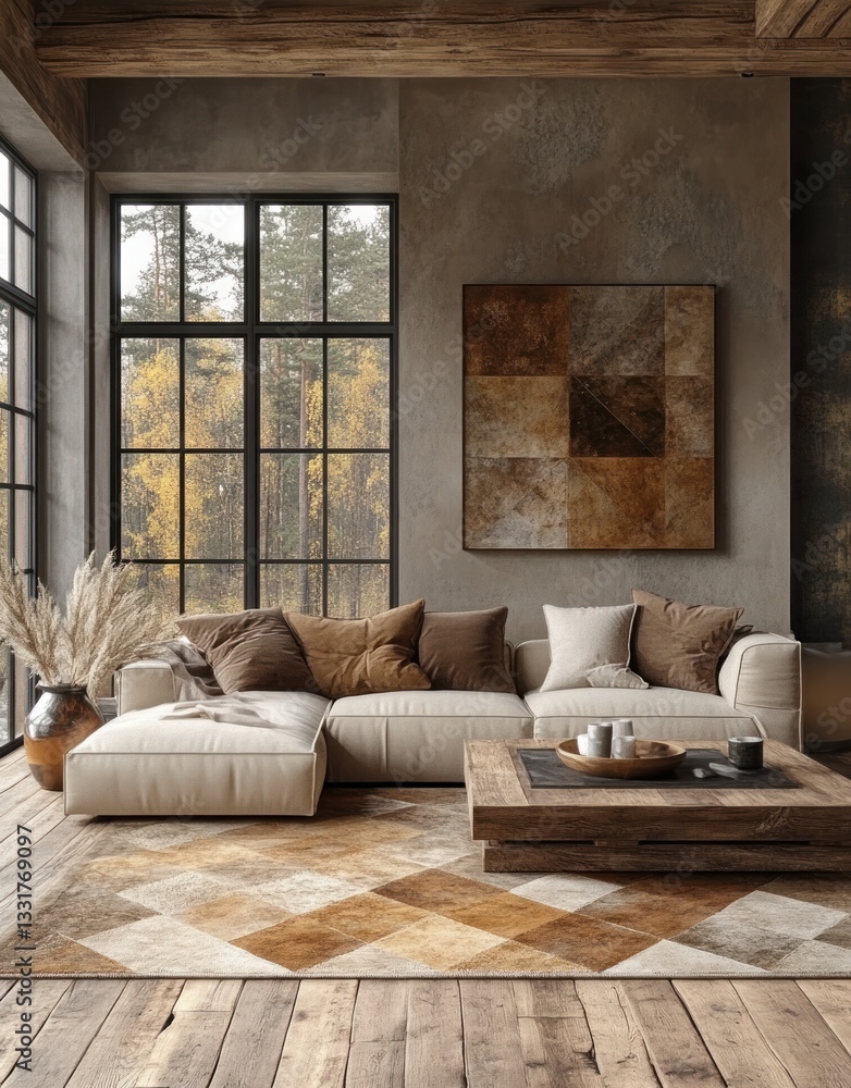 Obraz premium Modern Geometric Wool Rugs for Scandinavian Interior Design with Natural Patterns and Textures