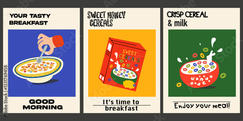Collection of vintage posters with a healthy sweet breakfast. Crispy colorful cereal with milk. Cardboard box of honey flakes. Vector illustration in retro cartoon style