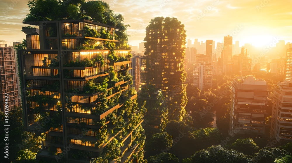 Obraz premium Futuristic City at Sunrise Lush Greenery on High Rise Buildings