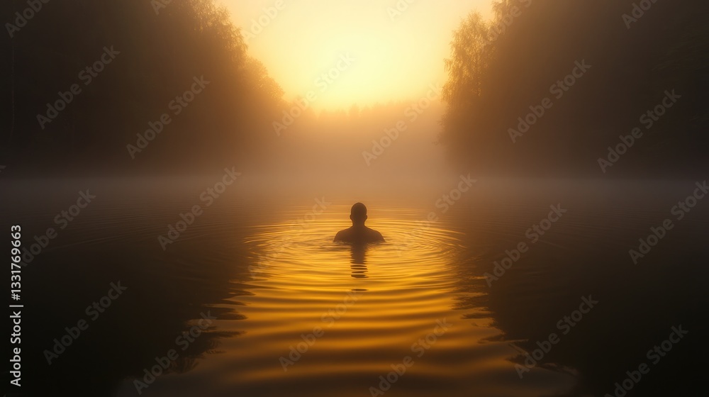 Silhouette of swimmer gliding through golden waters at sunrise, Silhouette of swimmer gliding through golden waters at sunrise,