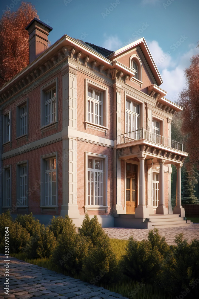 Luxurious Russian-style private house with a stately brick facade, elegant columns, and intricate architectural details, bathed in warm sunlight and surrounded by lush greenery. Luxurious Russian-style private house with a stately brick facade, elegant columns, and intricate architectural details, bathed in warm sunlight and surrounded by lush greenery.