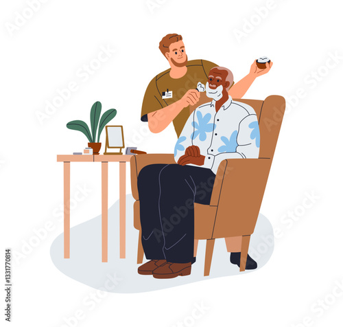 Shaving senior black man. Grooming assistance, help and hygiene care for elderly person. Caregiver, carer assisting old aged male character. Flat vector illustration isolated on white background