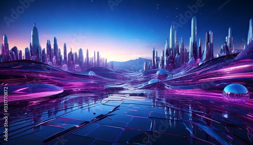Futuristic Chromic Metallic Landscape – Reflective Liquid Surfaces, Sci-Fi Aesthetic
