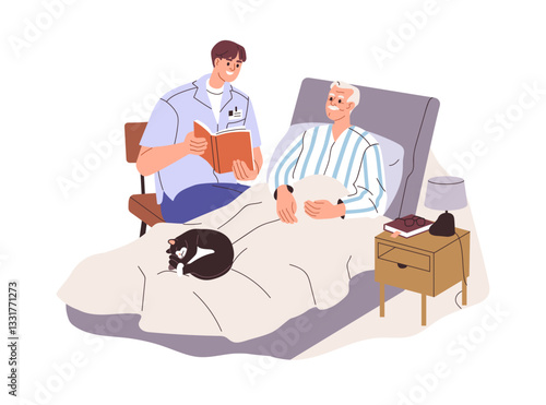 Senior person care concept. Elderly man lying in bed, social worker, caregiver reading book, showing album. Carer supporting old aged male. Flat vector illustration isolated on white background