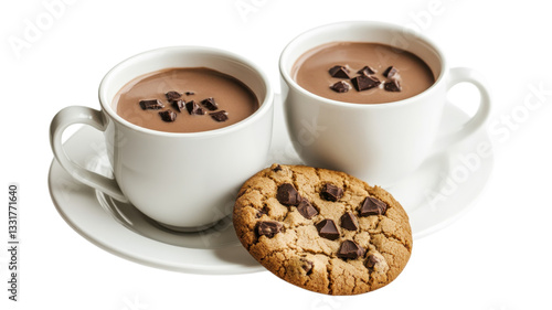 Delicious hot chocolate served in white cups with chocolate chip cookie on a saucer