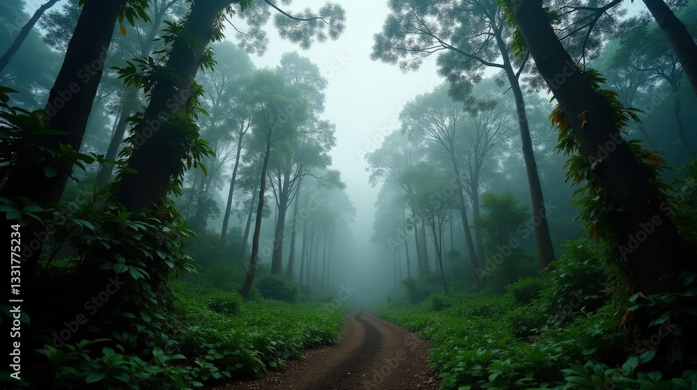 Obraz premium Dense laurel forests shrouded in morning mist, their twisted branches reaching skyward. The cloudy sky diffuses soft light, creating a mystical autumn atmosphere.
