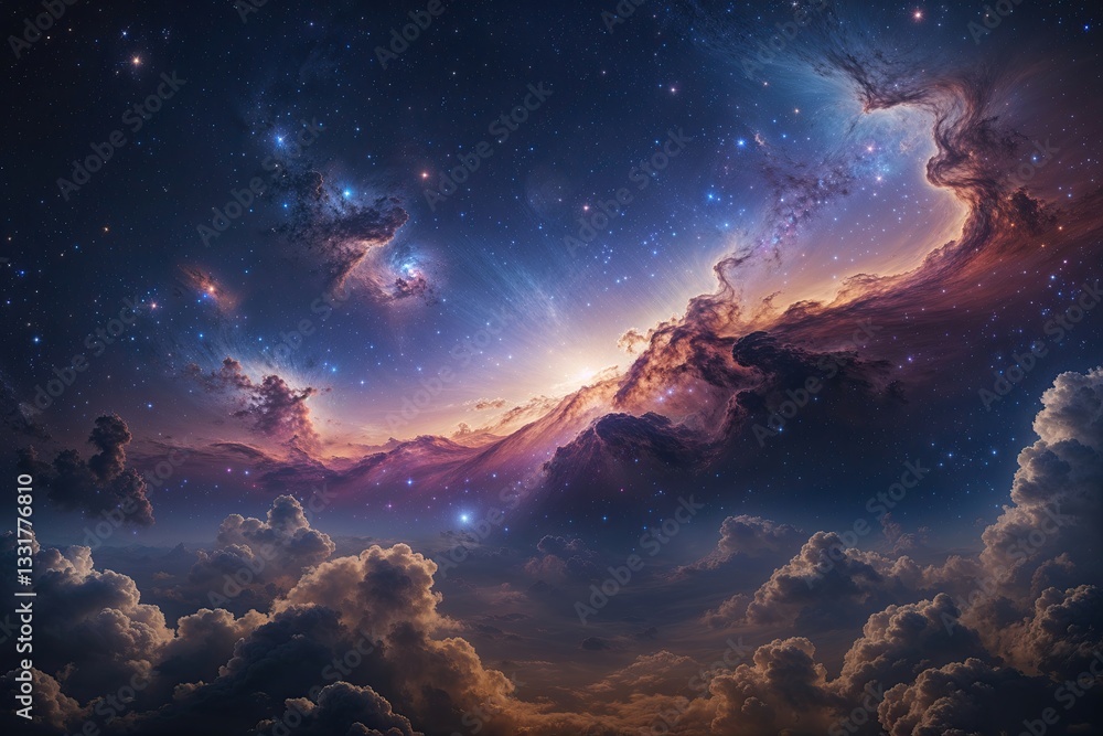 Fototapeta premium Vibrant Cosmic Landscape Nebula Horizon Illustration Showcasing Celestial Beauty