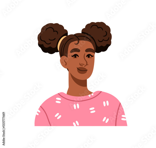 African-American female avatar. Black girl, teenager with curly hair puff buns, smiling. Modern style woman portrait, casual hairstyle. Flat graphic vector illustration isolated on white background