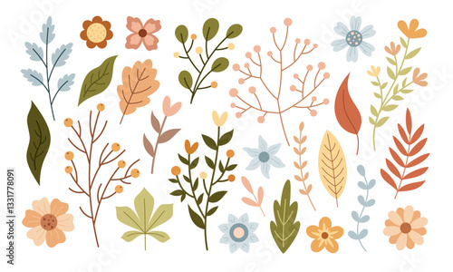 Floral clipart set, boho flowers, leaves and branches, hand drawn seasonal objects. Vector illustration in flat style