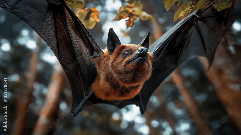 Obraz premium Flying through twilight, a unique creature captivates with its curious gaze amidst the rustling leaves of dusk Generative AI