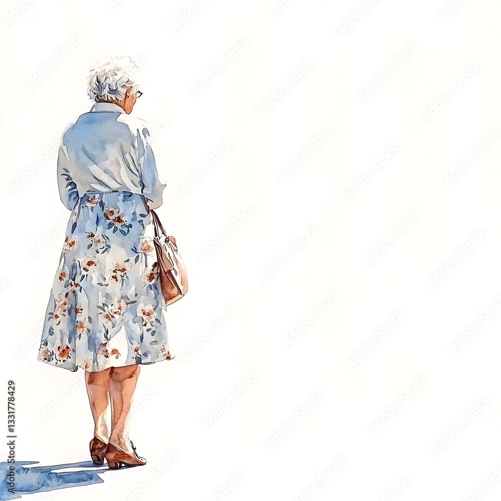 Elegant Senior Woman in Floral Dress, Back View. A stylish illustration of a mature woman standing against a bright, minimalist background. Elegant Senior Woman in Floral Dress, Back View. A stylish illustration of a mature woman standing against a bright, minimalist background.