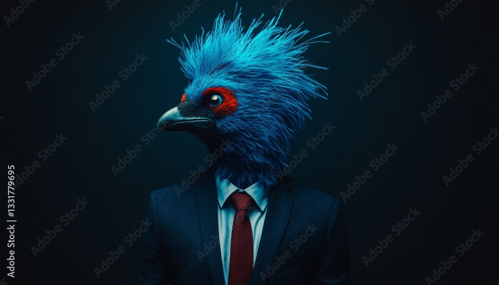 Fototapeta premium Anthropomorphic Blue Bird in Suit, Dark Art Portrait, Human Animal Hybrid, Conceptual Photography
