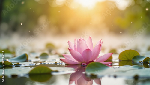 Wallpaper Mural Close-up of a lotus flower gently floating on water with soft morning mist in the background Torontodigital.ca