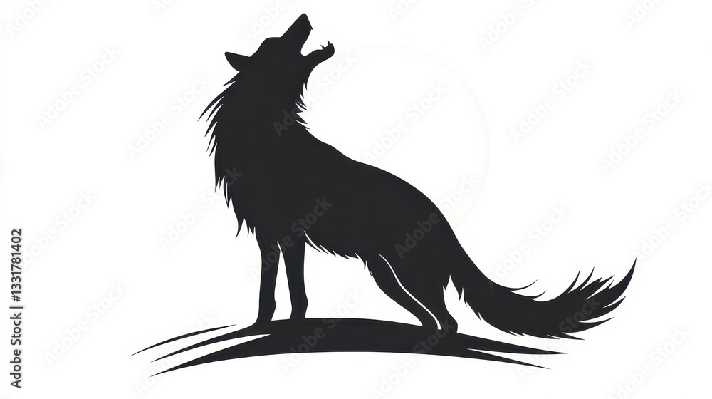 Obraz premium A wolf stands on a hill, head raised, howling towards the sky. The background is bright, suggesting dusk. This powerful pose embodies the wild spirit and strength of nature