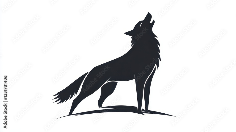 Fototapeta premium A black silhouette of a wolf howling, positioned on a gentle hill under a vast white background. The wolf's fur is depicted with flowing lines, capturing its grace