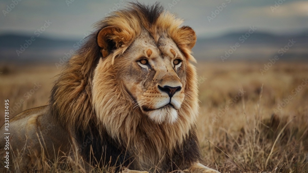 Highly Detailed Real Lion in Focus with a Blurred Background of Sky and Environment, Showcasing Majestic Mane and Powerful Stature in a Natural Habitat Highly Detailed Real Lion in Focus with a Blurred Background of Sky and Environment, Showcasing Majestic Mane and Powerful Stature in a Natural Habitat