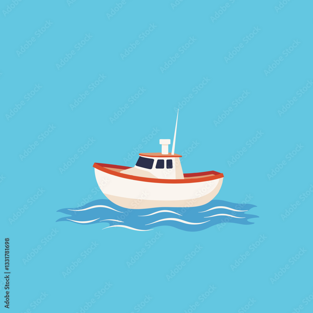Naklejka premium Stylized boat floating on blue waves, serene minimalism