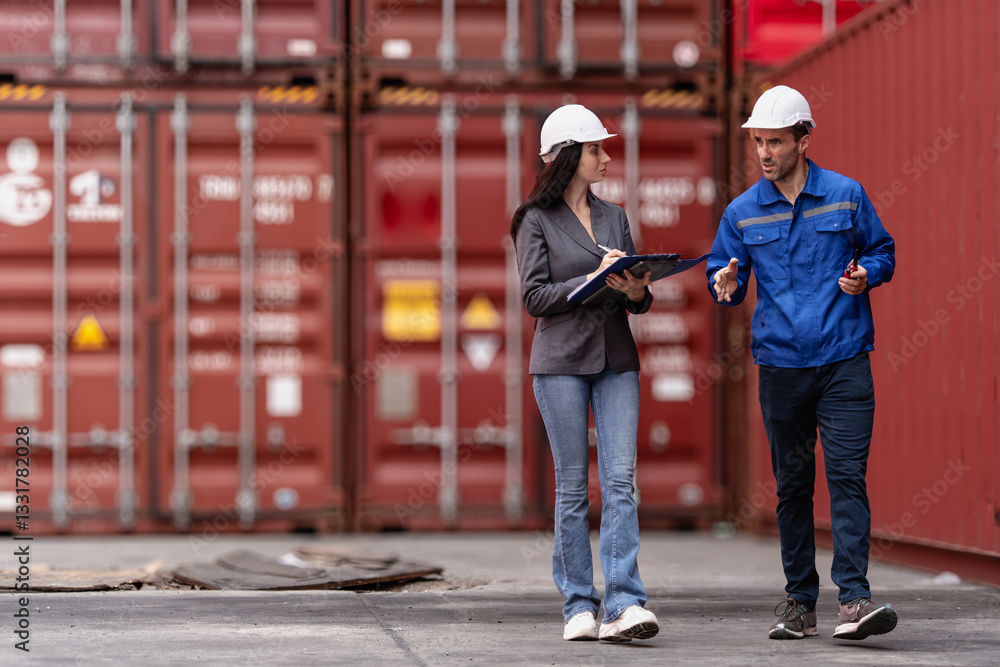 Fototapeta premium Industrial engineer standing at shipping container yard inspecting cargo delivering loading as plan. Woman manager and diverse ethnic worker checking import export container at logistic terminal dock.