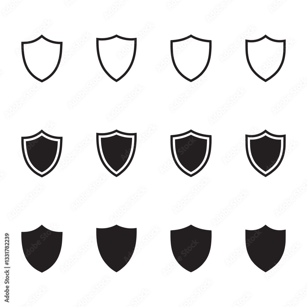Collection of Shield Silhouettes and Outline Icons on Light Surface for Graphic Projects Collection of Shield Silhouettes and Outline Icons on Light Surface for Graphic Projects
