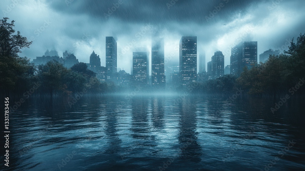 Fototapeta premium Rainy Cityscape, Park Reflection, Stormy Night, Urban Flood