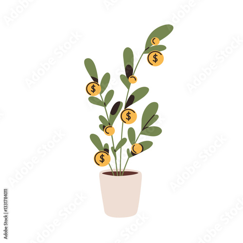 Money plant growing in pot. Financial growth, investment return, revenue, prosperity, wealth concept. Finance tree with dollar coins on branches. Flat vector illustration isolated on white background