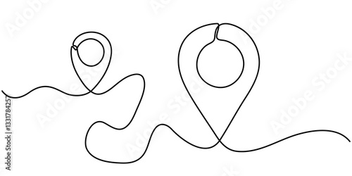 One continuous line art drawing of Location and path pointers vector illustration, continuous one line google map point route directions and location outline vector art illustration, Location Single. 
