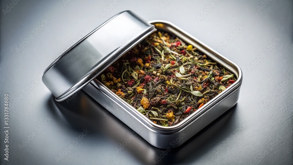 Monochrome Tea Tin: Aerial View with Soft Shadows & Depth of Field Monochrome Tea Tin: Aerial View with Soft Shadows & Depth of Field