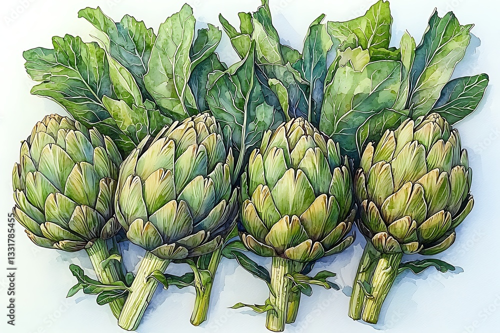 Fototapeta premium Four Artichokes, Watercolor Still Life