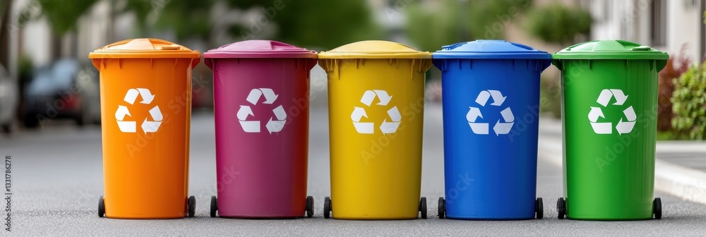 Colorful recycling bins lined up on a city street for waste management and environmental awareness Colorful recycling bins lined up on a city street for waste management and environmental awareness
