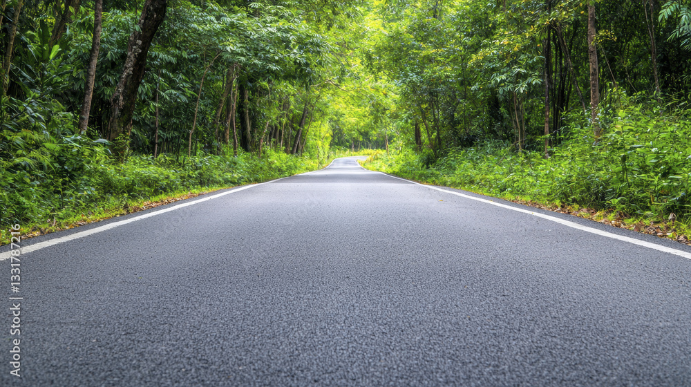 Obraz premium serene asphalt road winding through lush green trees and foliage