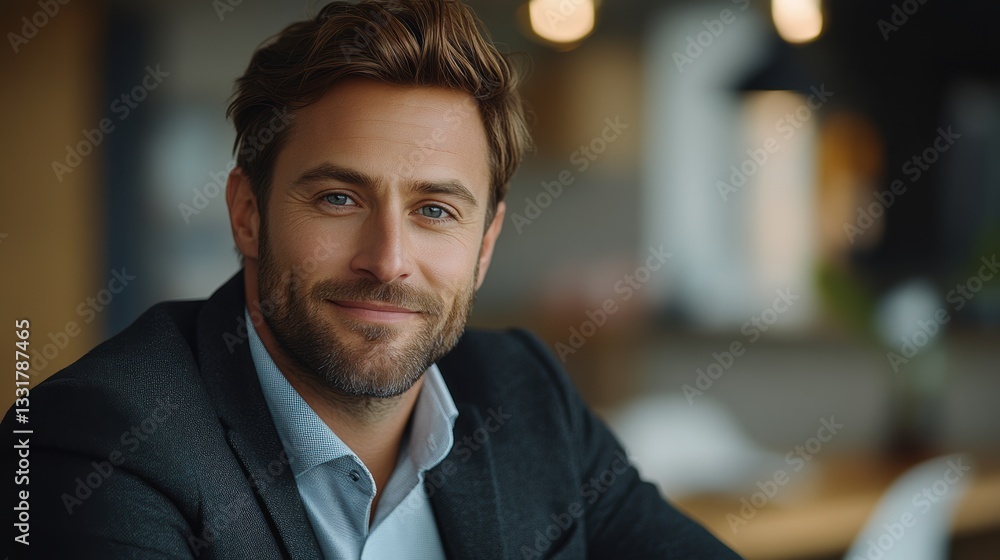 Confident man in a stylish suit poses in a modern cafe during daylight with a pleasant smile and engaging demeanor Confident man in a stylish suit poses in a modern cafe during daylight with a pleasant smile and engaging demeanor