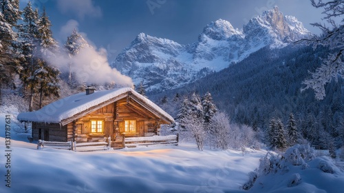 Enchanting winter wonderland a cozy cabin nestled among snowy Alps scenery
