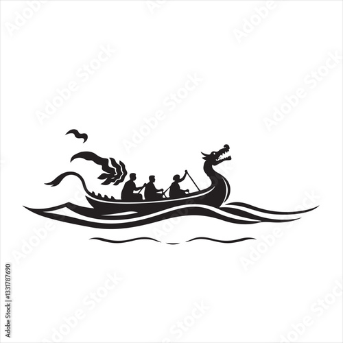 A classic black and white vector illustration logo silhouette of Dragon Boat Festival. The design is elegant and timeless, using geometric shapes and clean lines for balance and symmetry