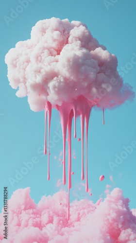 Cloud of pink cotton candy floats against a bright blue sky, creating a whimsical and enchanting atmosphere