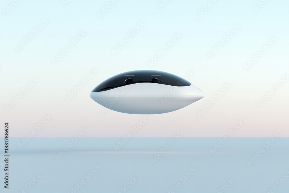 Sleek futuristic spacecraft hovers gracefully against pastel sky Sleek futuristic spacecraft hovers gracefully against pastel sky