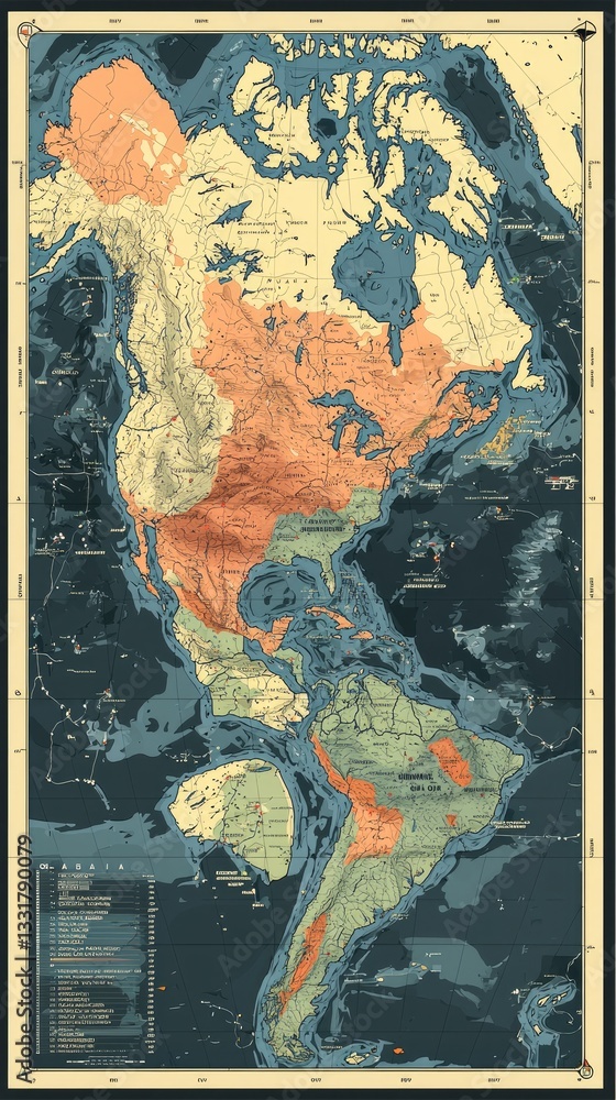 Naklejka premium Geographic North and South America map for education with topography features of lands and ocean