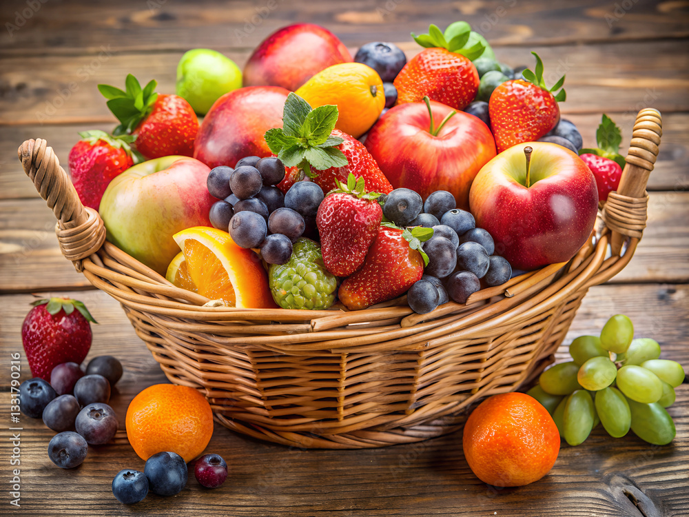 Fresh and healthy fruits in straw basket. Wicker basket overflowing with fresh summer fruit. Fresh and healthy fruits in straw basket. Wicker basket overflowing with fresh summer fruit.
