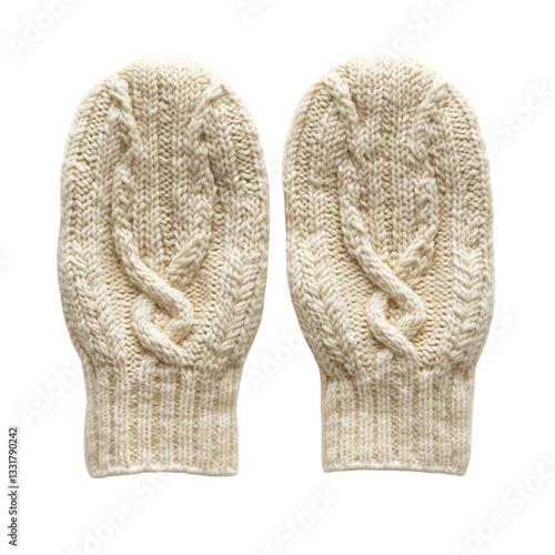 A Pair of White Knit Mittens with Braided Patterns Isolated on Transparent Background
