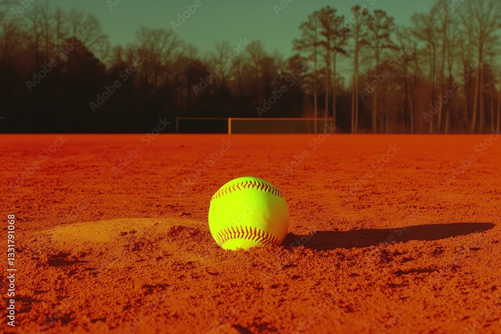 Fototapeta premium Yellow Softball on Pitcher's Mound: Day-Glo Glow Ball on Red Dirt Field with Grass and Trees