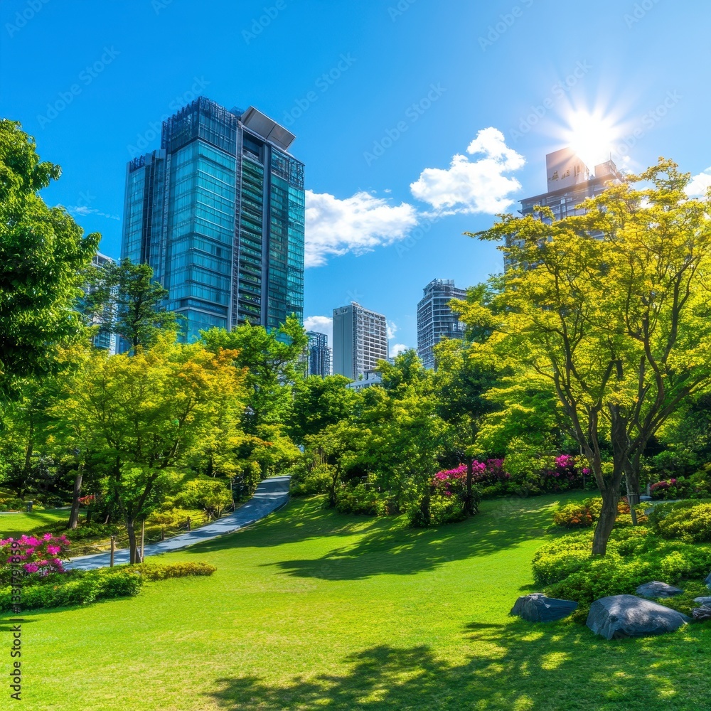 Urban Park with Lush Green Trees and Skyscrapers Under Blue Sky Urban Park with Lush Green Trees and Skyscrapers Under Blue Sky