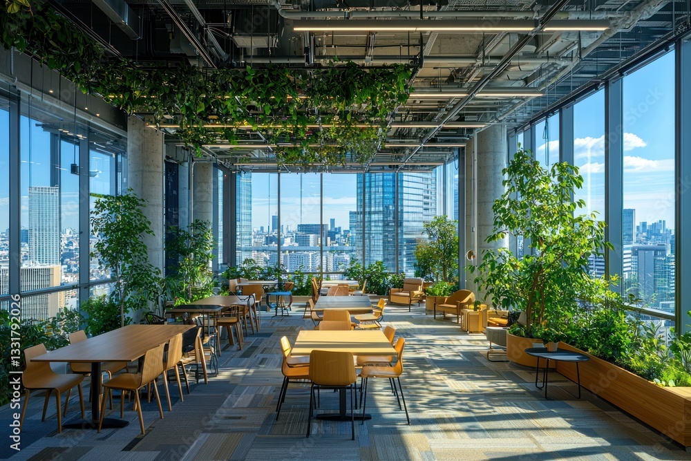 Naklejka premium Modern Japanese urban cafe with city views, plants, and tables
