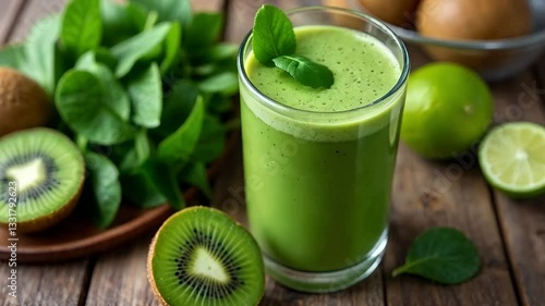 Batido verde de kiwi, espinaca y lima en vaso de vidrio