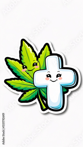 Cute Kawaii Cannabis and Medical Cross Embrace in a Playful and Happy Cartoon Artwork for Stickers