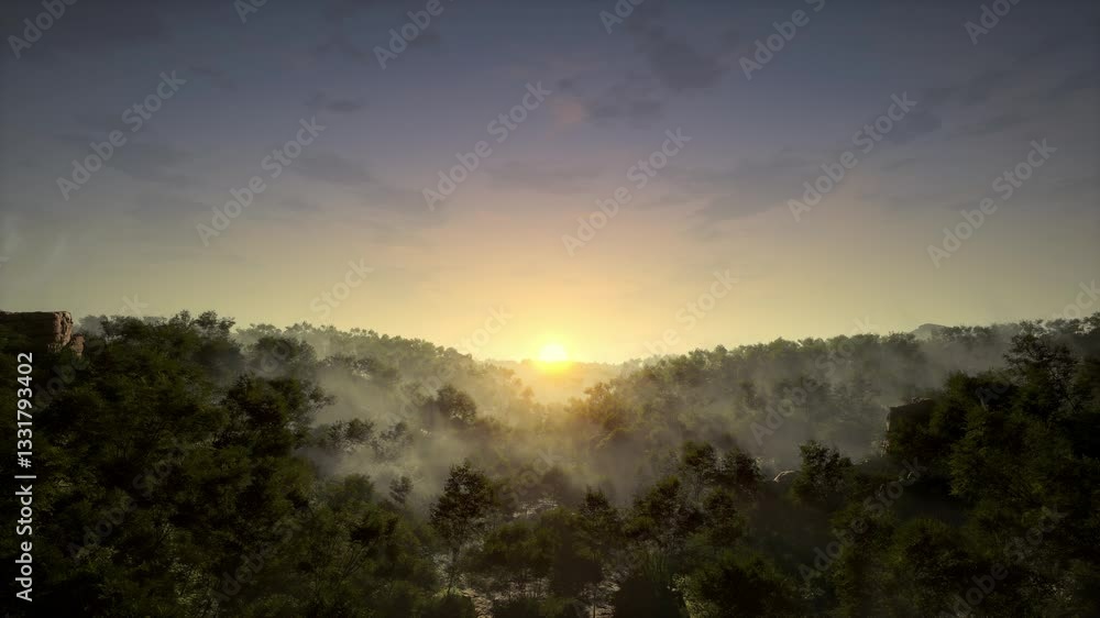 Misty Landscape With Forest And Sunrise Misty Landscape With Forest And Sunrise